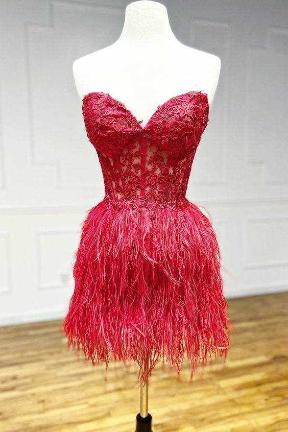 Koscy Sheath Sweetheart Lace Feather Skirt Homecoming Dress