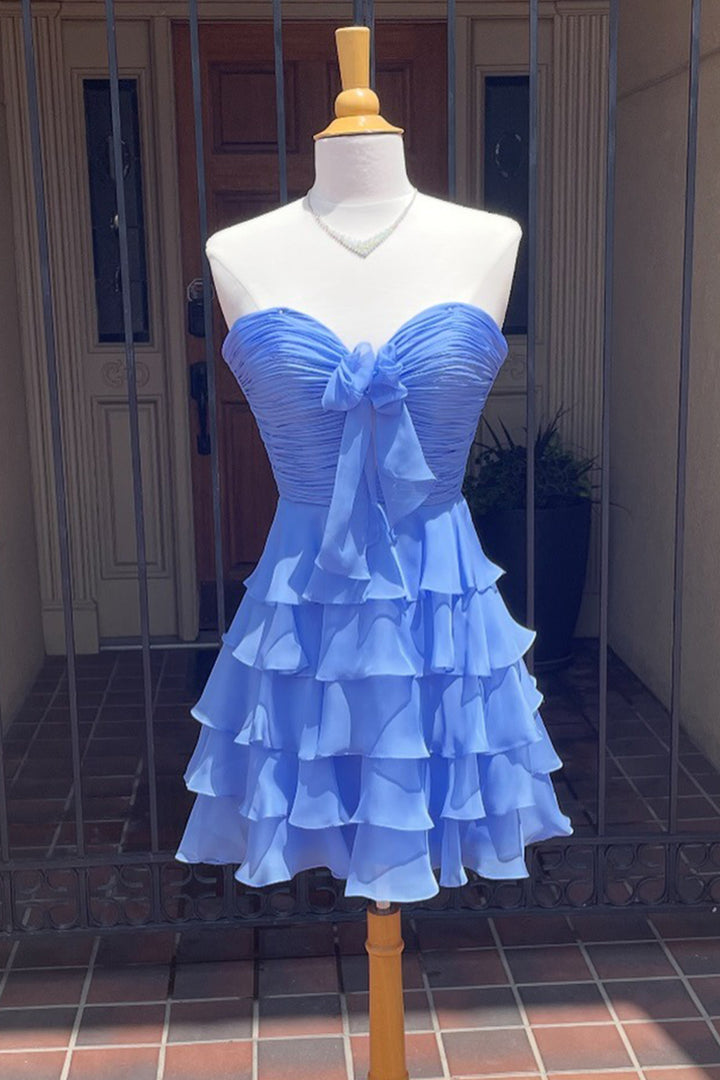 Royal Blue A Line Chiffon Tiered Sweetheart Short Homecoming Dress
