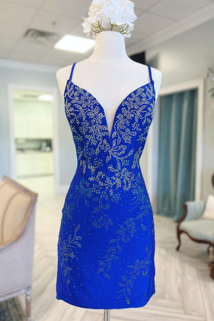 Koscy Royal Blue Beaded Plunge V Lace-Up Short Homecoming Dress