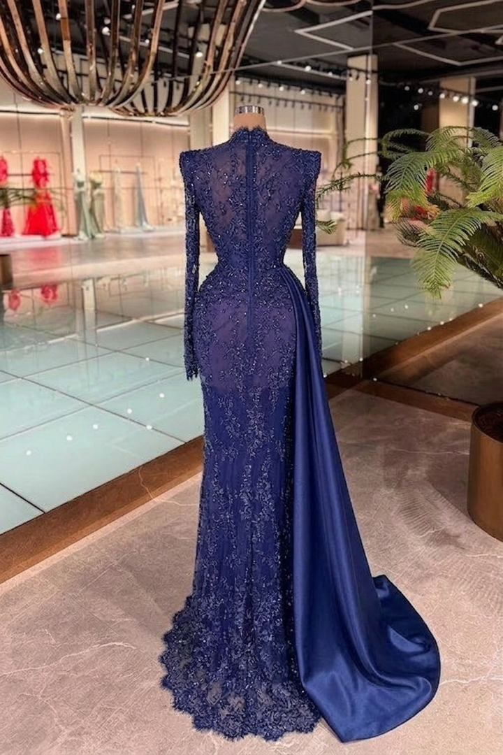 royal blue long sleeve lace prom dress Royal Blue Tulle Prom Dresses Long Sleeves Appliques  Lisposa
