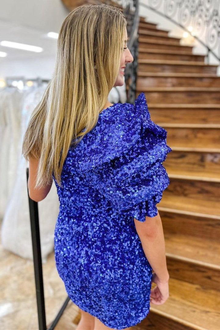 Koscy Sheath Royal Blue Sequin One-Shoulder Short Homecoming Dress