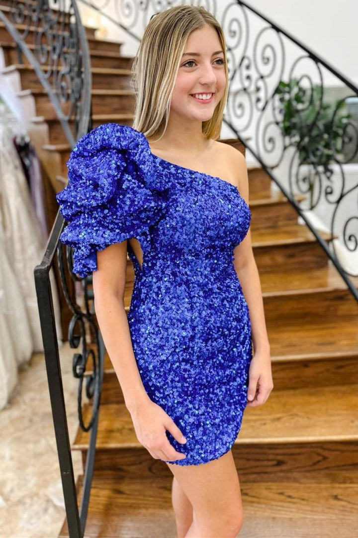 Koscy Sheath Royal Blue Sequin One-Shoulder Short Homecoming Dress