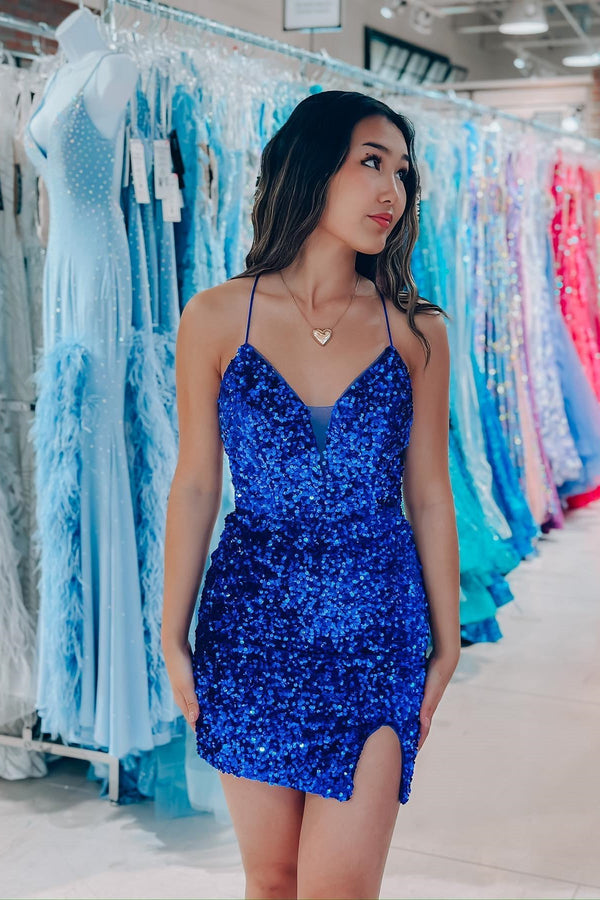 Koscy Royal Blue Sheath Sequins Lace-Up Homecoming Dress
