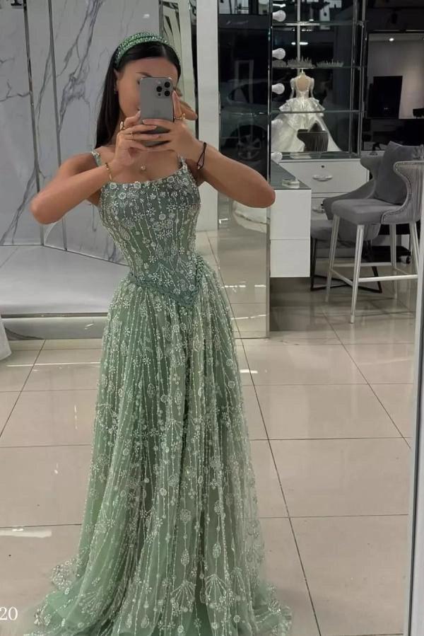 Sage A-Line Prom Dress Spaghetti Straps Square Neck Allover Silver Crystal Vertical Stripe Floral Beaded Boned Corset Lace-Up Back Chapel Train 