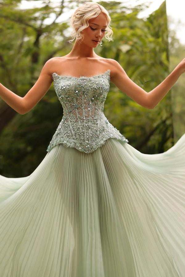 Sage A-Line Prom Dress Strapless Sweetheart Baroque Crystal Beaded Corset Peplum Bodice Pleated Tulle Skirt