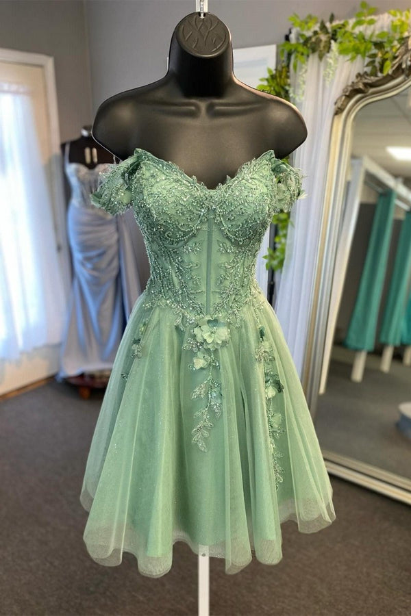 Koscy Sage Green Off-the-Shoulder Beaded Appliques A-Line MIni Dress