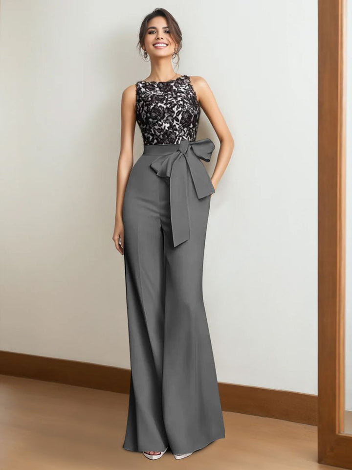 formal pantsuit dress Satin 2-Piece Mother of the Bride Pantsuit: Sleeveless Floor-Length with Lace Appliques & Bow 493896 Awesome evening celebrating the side seam length is Sleeve:39