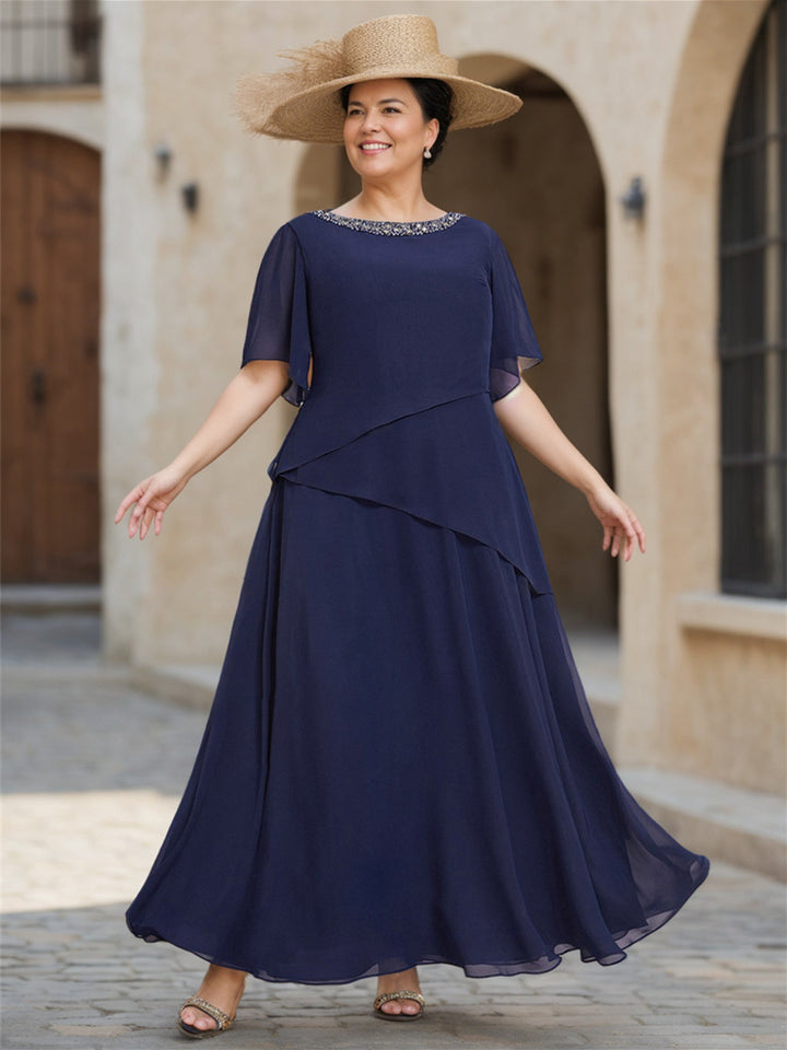 Scoop Neck Chiffon Mother of the Bride Dress with 1/2 Sleeves in  A-Line/Princess Style