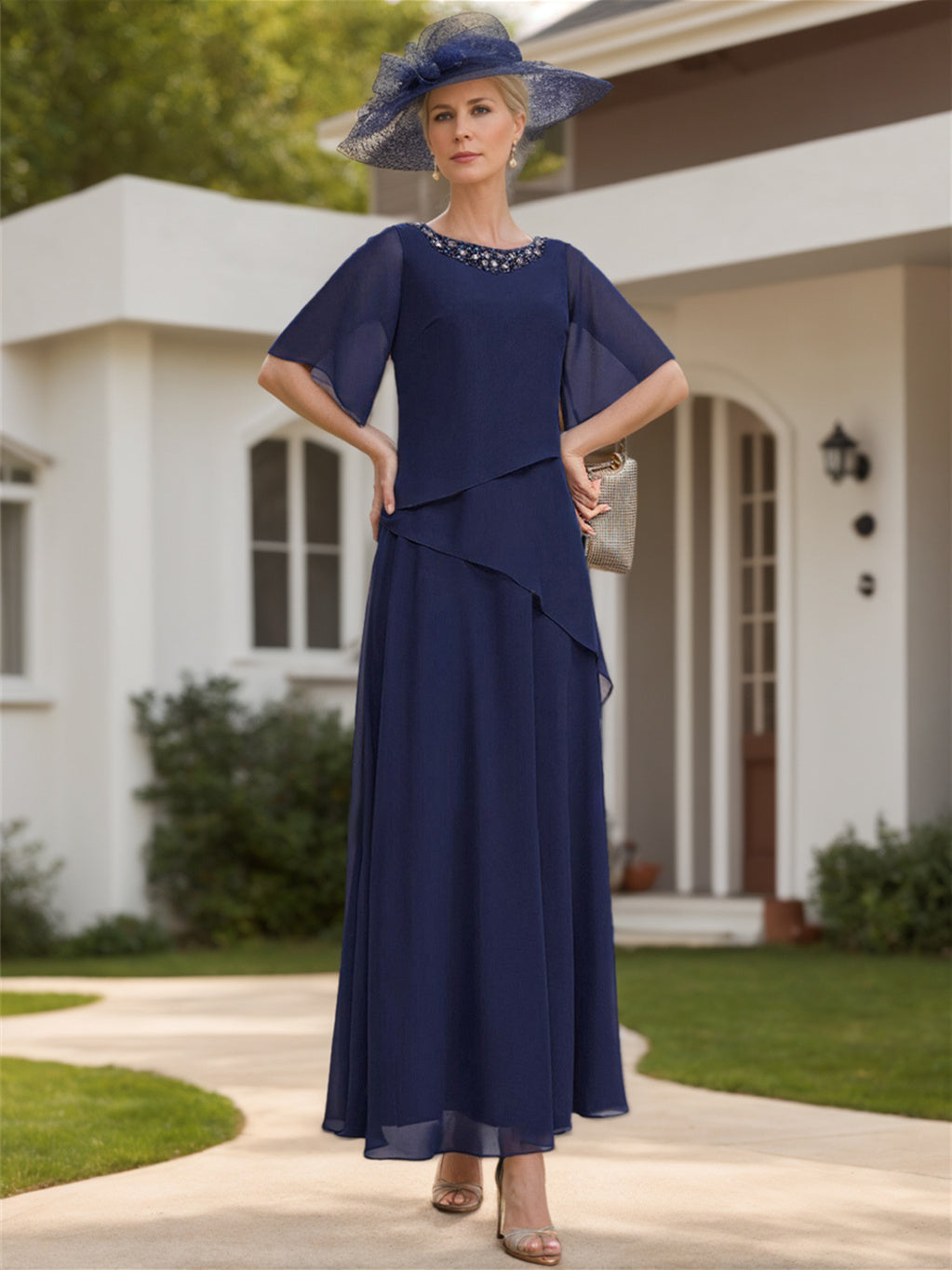 Scoop Neck Chiffon Mother of the Bride Dress with 1/2 Sleeves in A-Line/Princess Style Scoop Neck Chiffon Mother of the Bride Dress with 1/2 Sleeves in A-Line/Princess Style