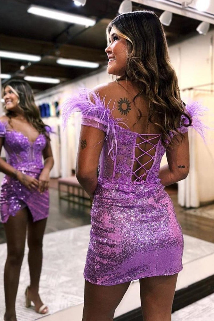 Koscy Sequin Off The Shoulder Lace Up-Corset Short Homecoming Dress With Feather