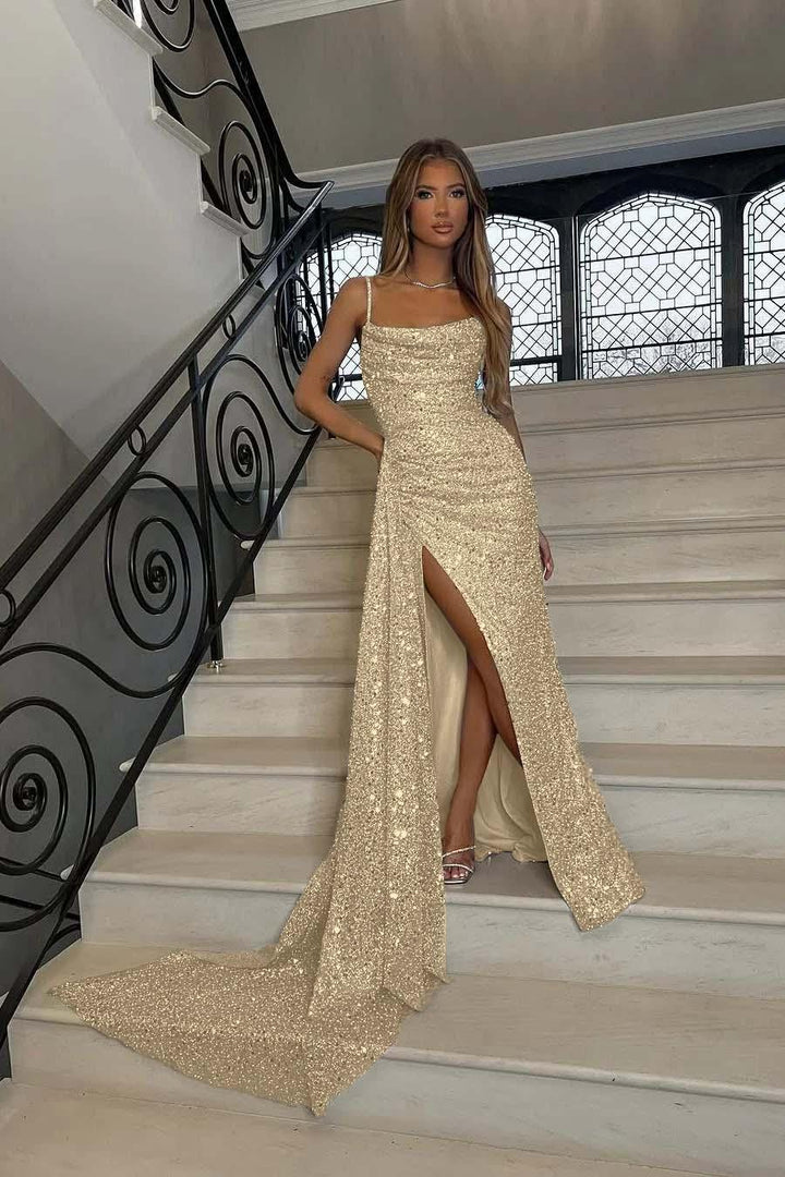 mermaid prom dress spaghetti strap Sequins Spaghetti Strap Sleeveless Long Mermaid Formal Dress With Split