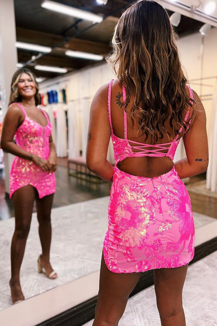 Koscy Deep V neck Sequins Appliques Short Homecoming Dress