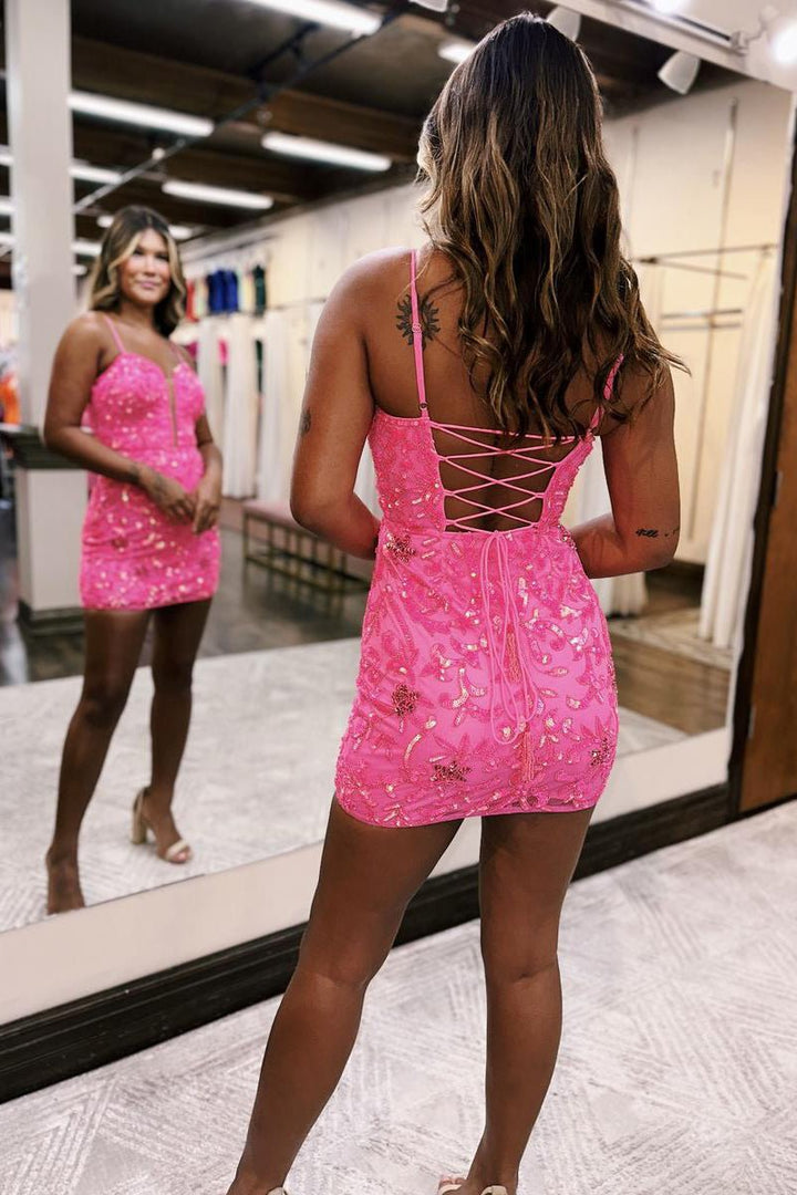 Koscy Sexy Deep V neck Sheath/Column Pink Short Homecoming Dress