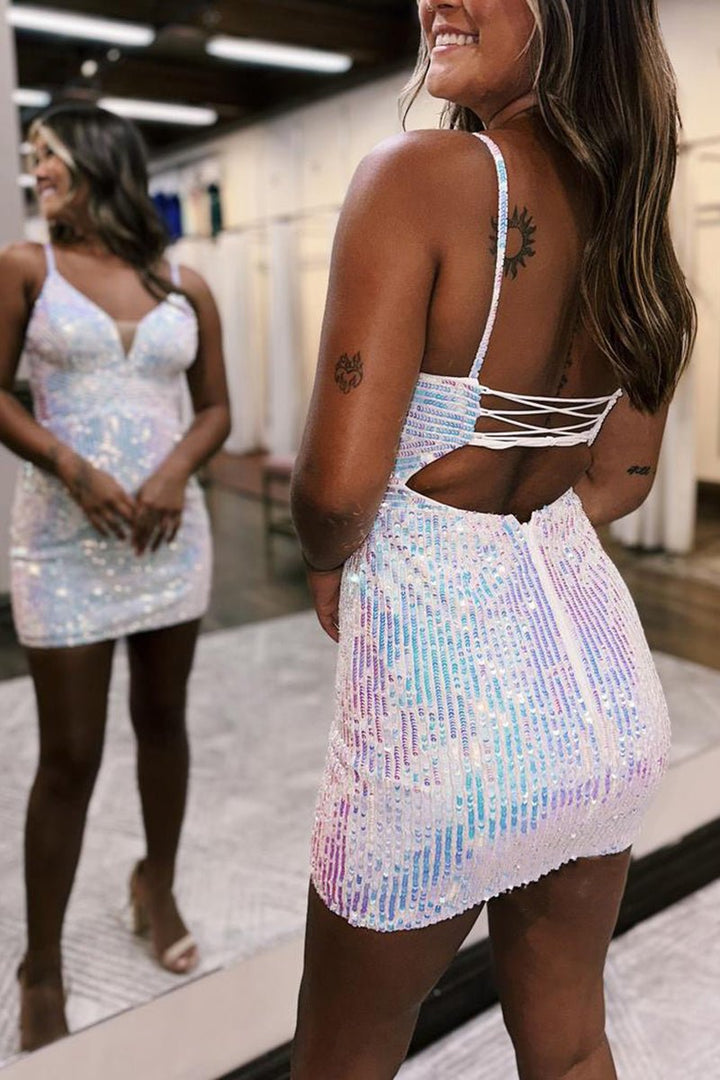 Koscy Fitted V-Neck Spaghetti Straps Sequined Homecoming Dress