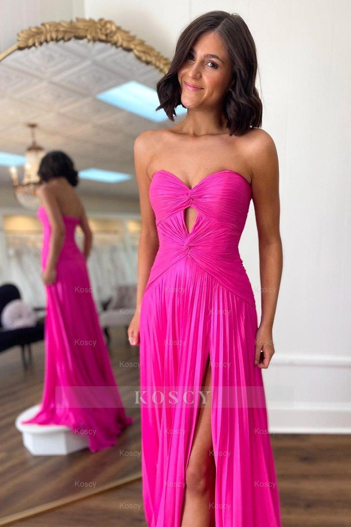 Sexy Long Hot Pink Prom Dress A-Line Strapless Pleated Evening Dress
