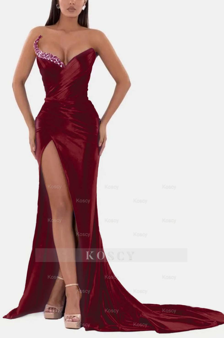 Sexy Royal Blue Formal Dress V Neck With High Slit Pleated Strapless  Sleeveless