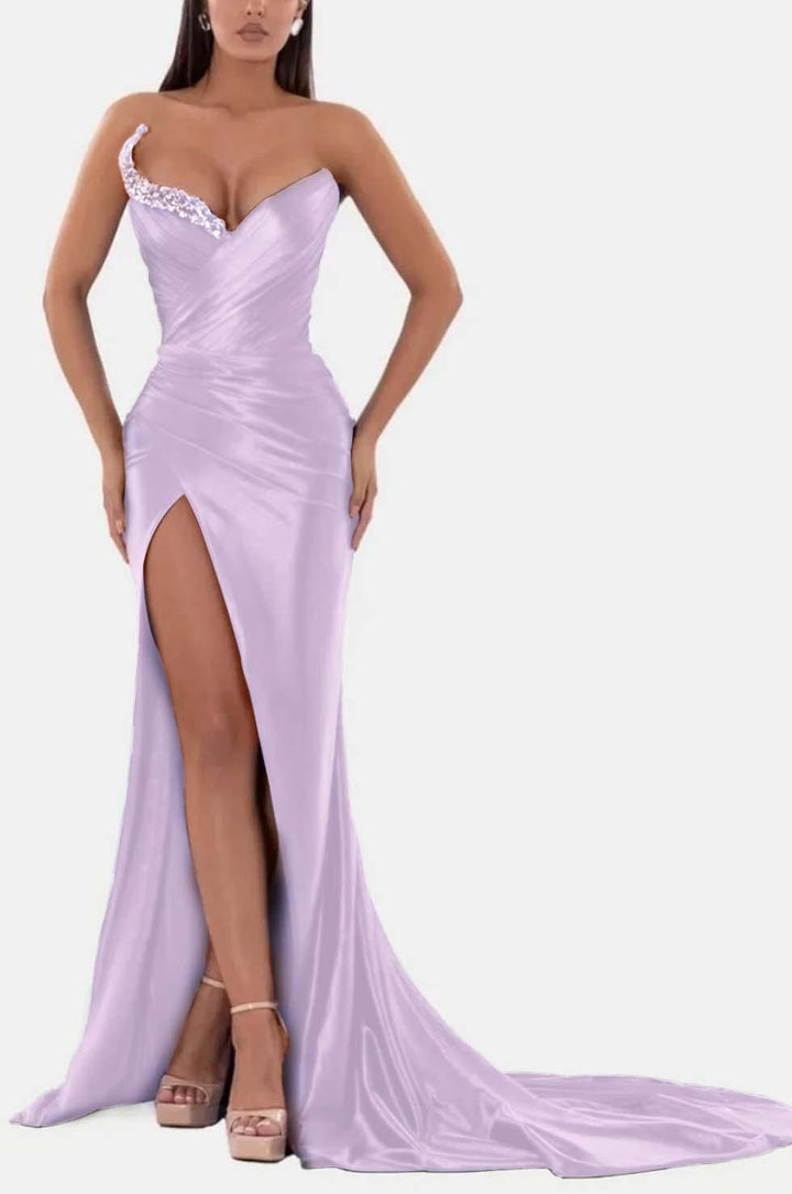 Sexy Royal Blue Formal Dress V Neck With High Slit Pleated Strapless  Sleeveless