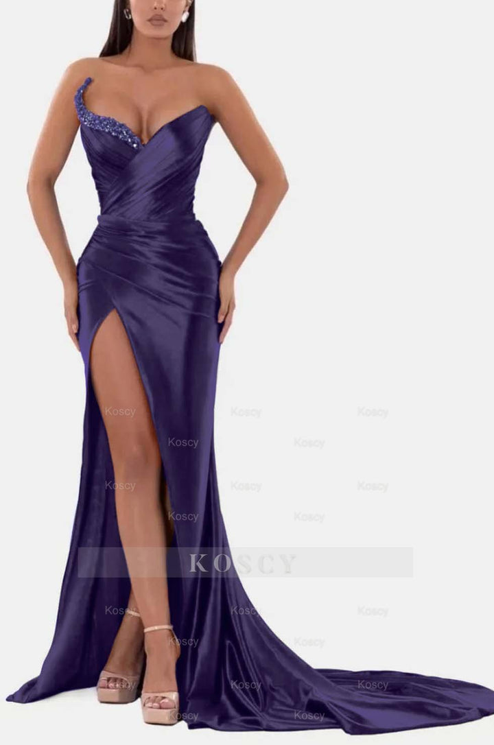 Sexy Royal Blue Formal Dress V Neck With High Slit Pleated Strapless  Sleeveless