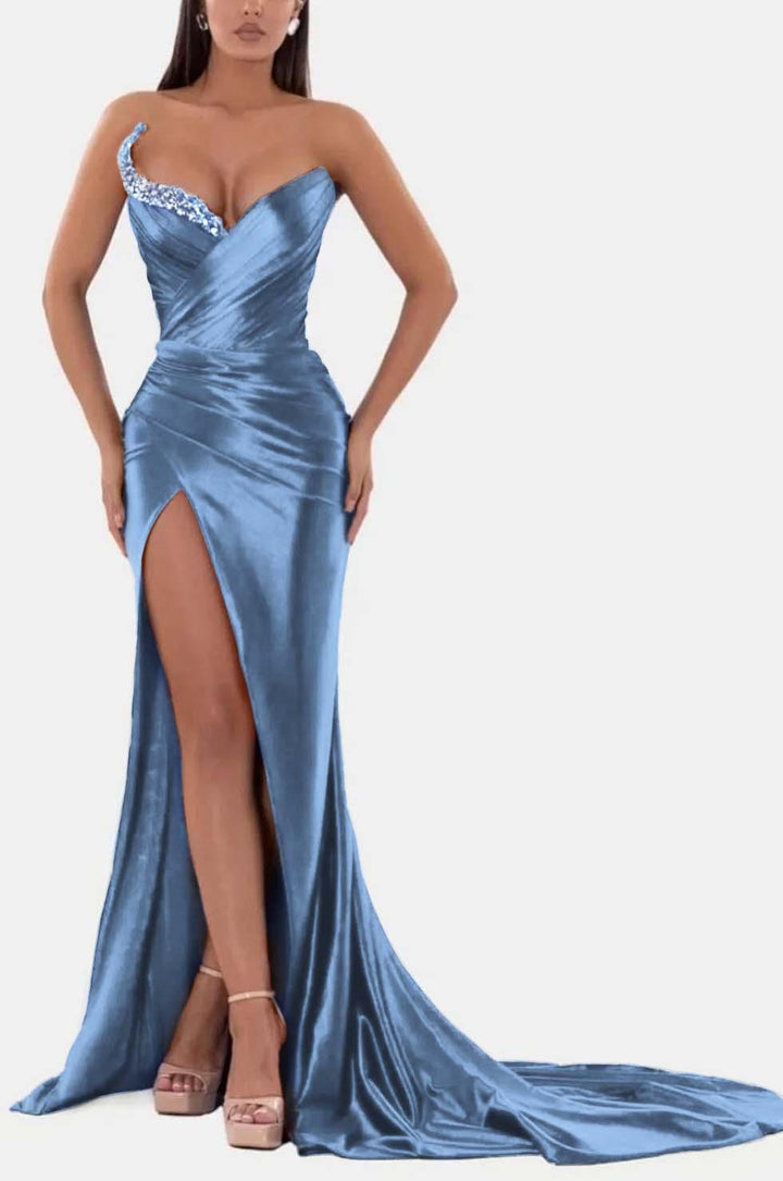 Sexy Royal Blue Formal Dress V Neck With High Slit Pleated Strapless Sleeveless