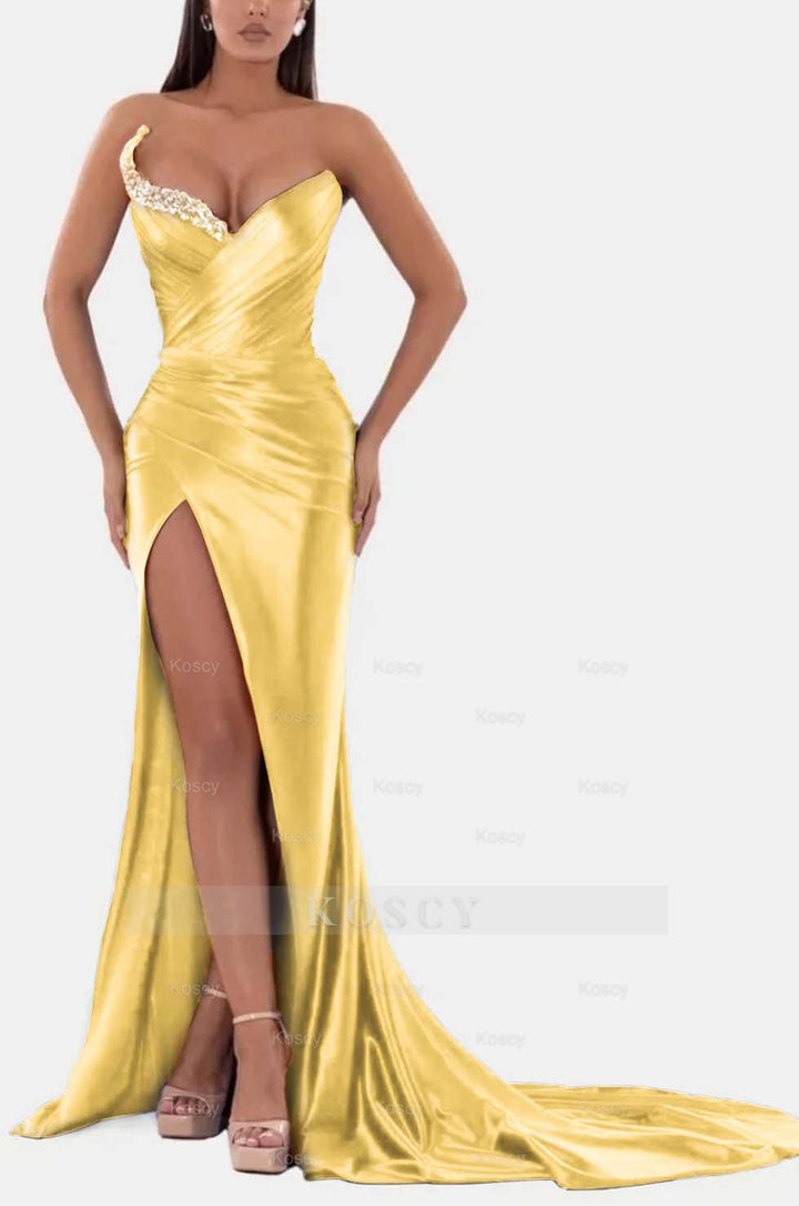 Sexy Royal Blue Formal Dress V Neck With High Slit Pleated Strapless  Sleeveless