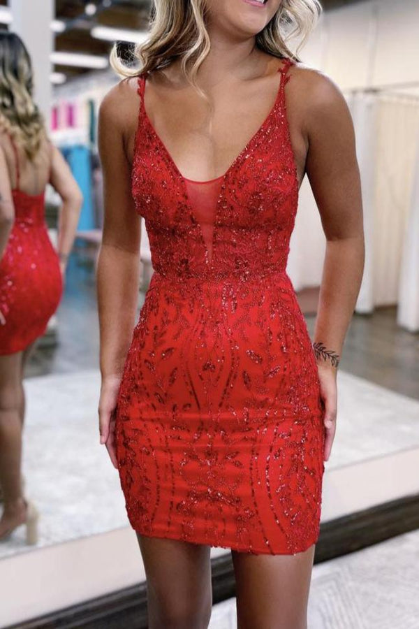 Koscy V neck Lace Appliques Short Homecoming Dress Tight Graduation Dress