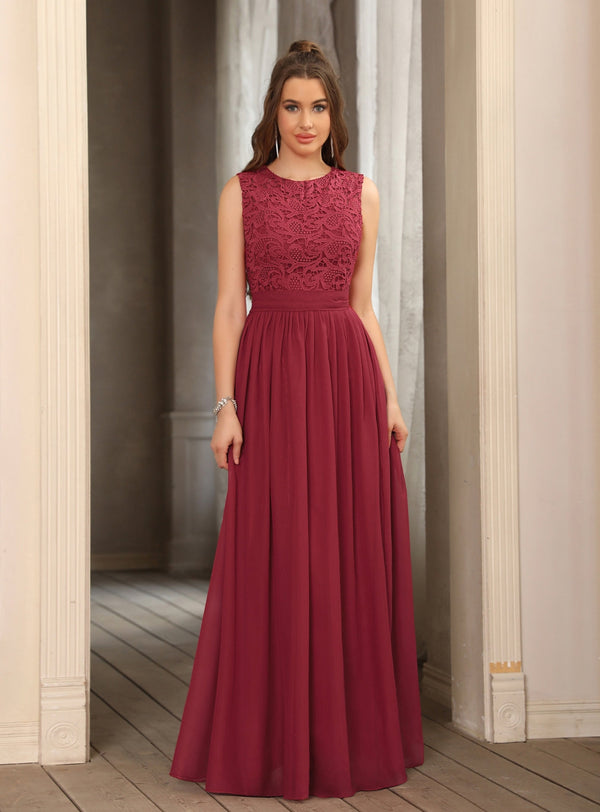Sheath Crew Sleeveless Lace Top Chiffon Floor Length Dresses-koscy