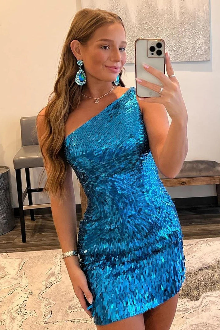 Sheath One Shoulder Royal Blue Sequins Short Homecoming Dress Sheath One Shoulder Royal Blue Sequins Short Homecoming Dress