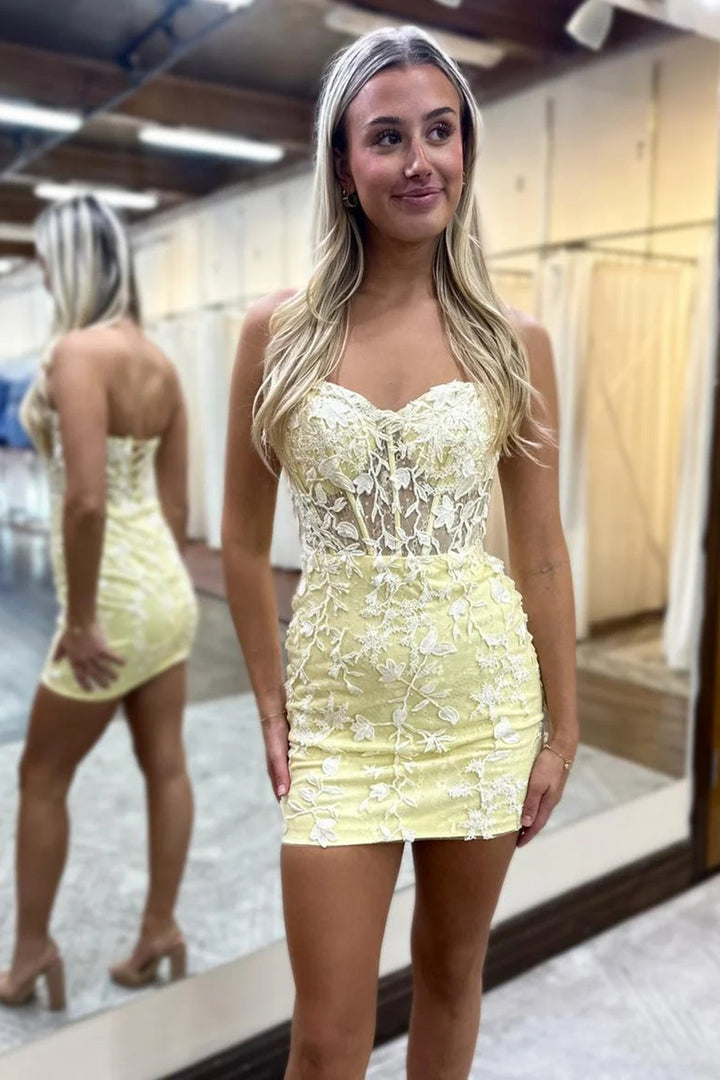 Sheath Sweetheart Yellow Short Homecoming Dress with Appliques Sheath Sweetheart Yellow Short Homecoming Dress with Appliques