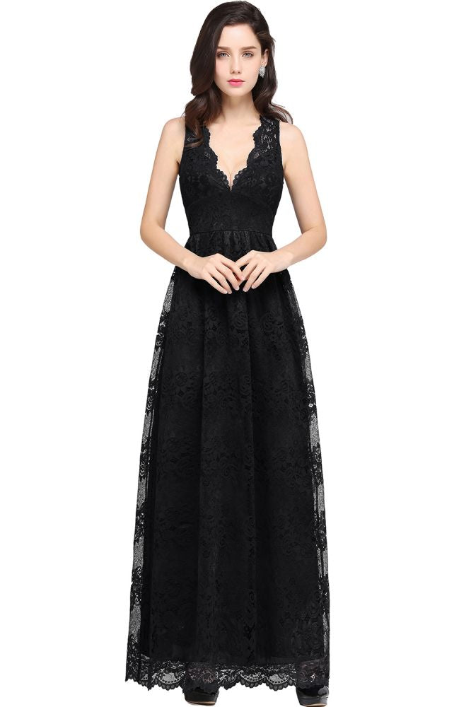 Sheath V-neck Floor-length Lace Navy Blue Formal Dress
