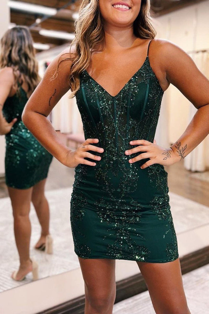 Koscy Sheath V-neck Spaghetti Straps Bodice Mini Short Homecoming Dress