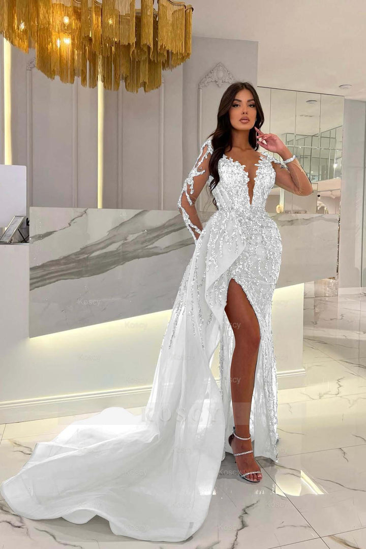 Shiny Blue Split Long Sleeves Mermaid Beaded Formal Dress Appliques Tulle Shiny Blue Split Long Sleeves Mermaid Beaded Formal Dress Appliques Tulle