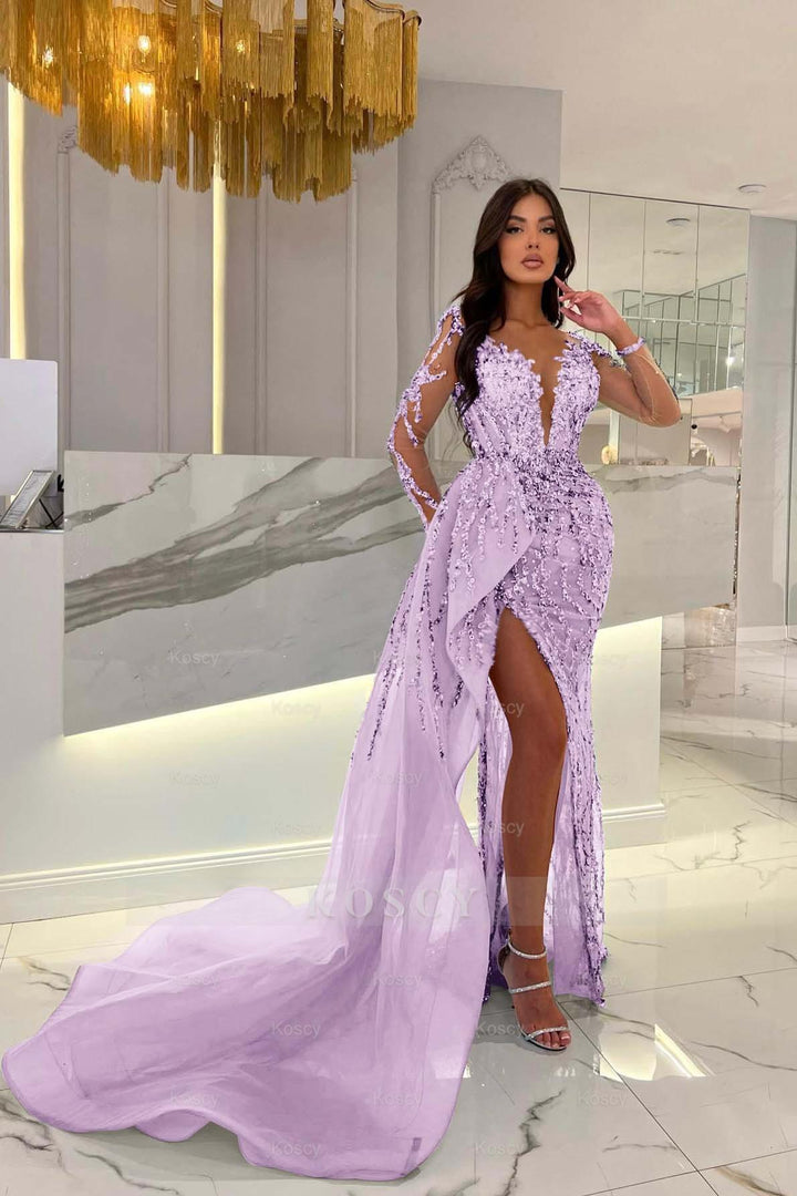 mermaid beaded prom dress Shiny Blue Split Long Sleeves Mermaid Beaded Formal Dress Appliques Tulle