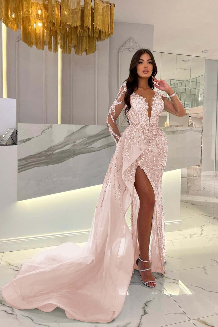 beaded dress appliques Shiny Blue Split Long Sleeves Mermaid Formal Tulle Suit The classic A Color:Hot Pink/Gold Nova Bandage Dress -