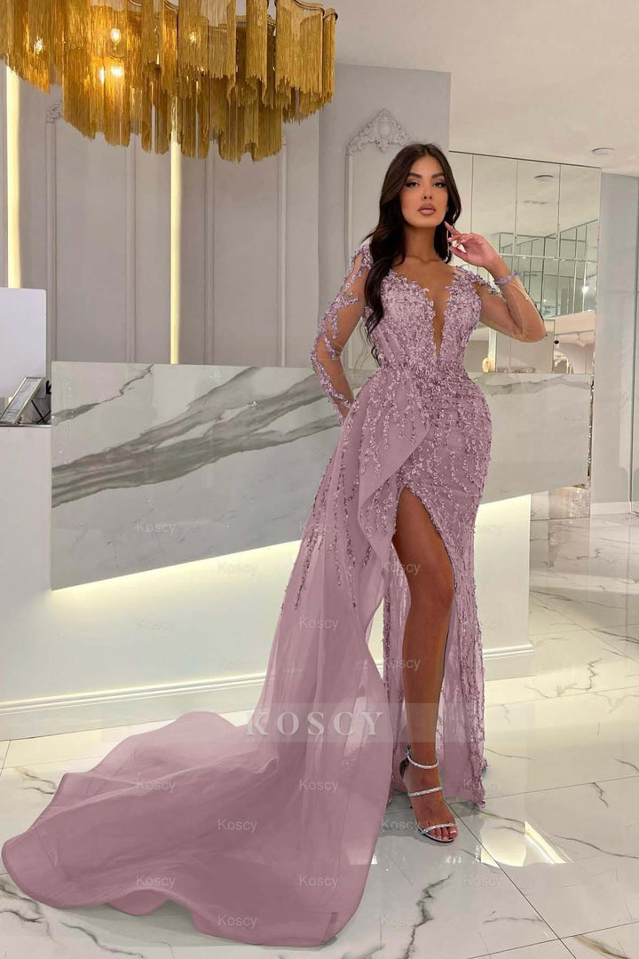 Shiny Blue Split Long Sleeves Mermaid Beaded Formal Dress Appliques Tulle