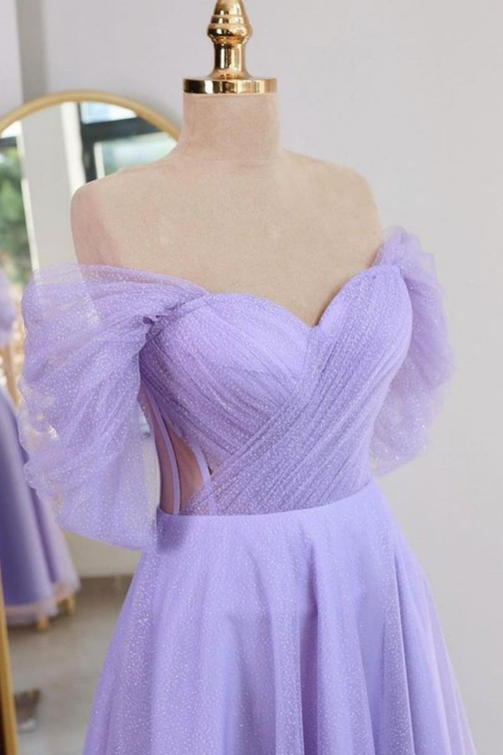 Koscy Shiny Tulle Off the Shoulder Light Blue Tea Length Prom Dress