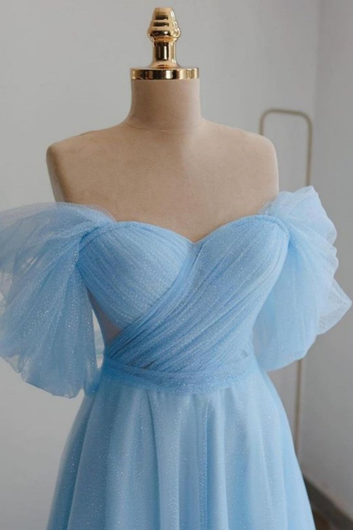 Koscy Shiny Tulle Off the Shoulder Light Blue Tea Length Prom Dress