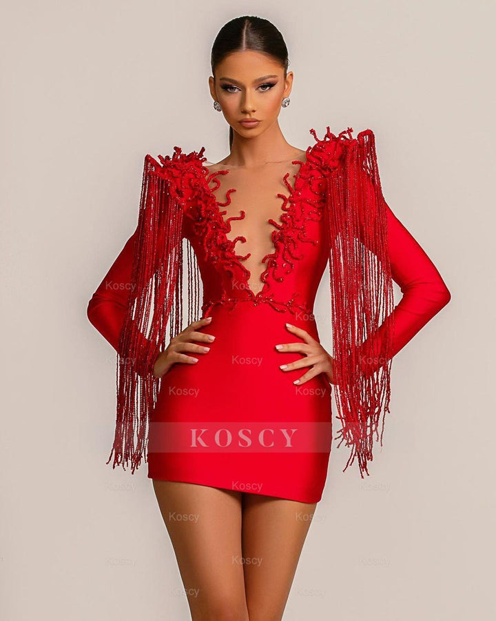 Short Red V Neck Tassel Evening Dress with Sexy Long Sleeves