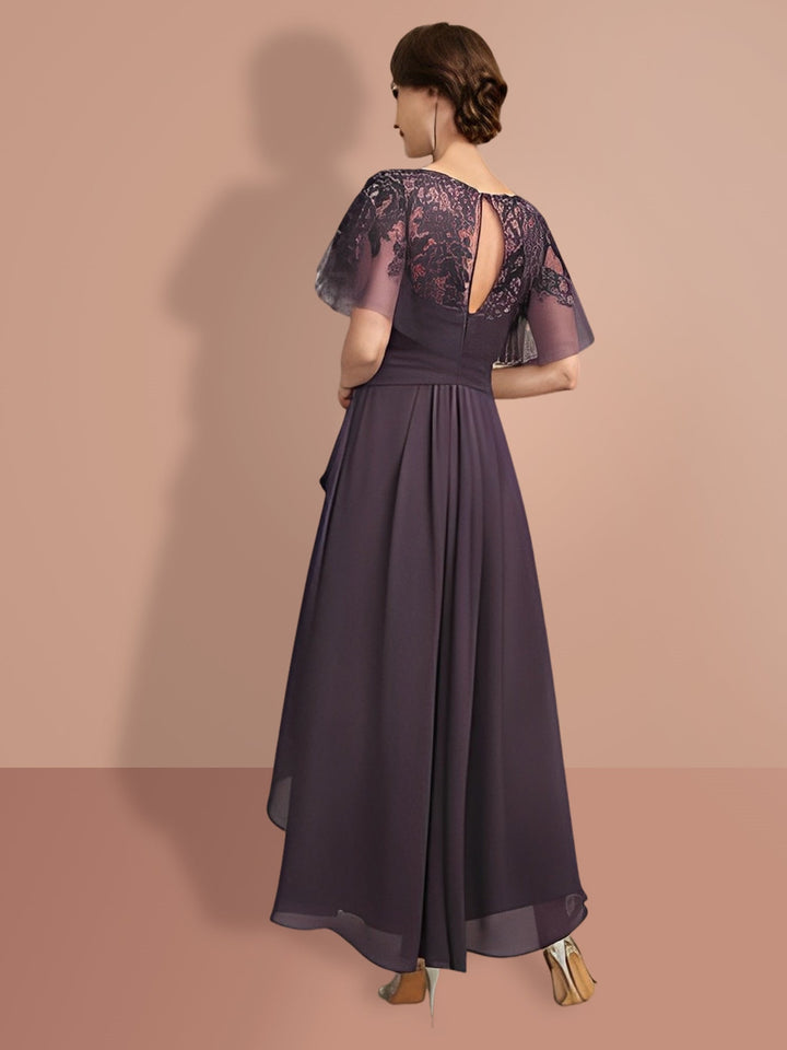 Short-Sleeve A-Line Princess Mother of the Bride Dress with Asymmetrical  Design