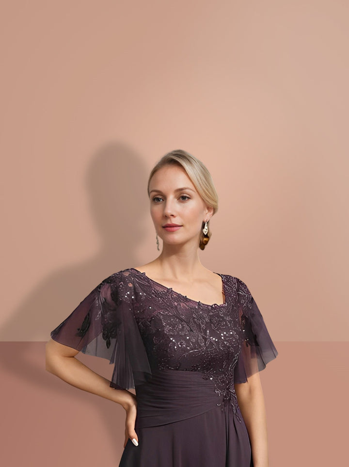 Short-Sleeve A-Line Princess Mother of the Bride Dress with Asymmetrical  Design