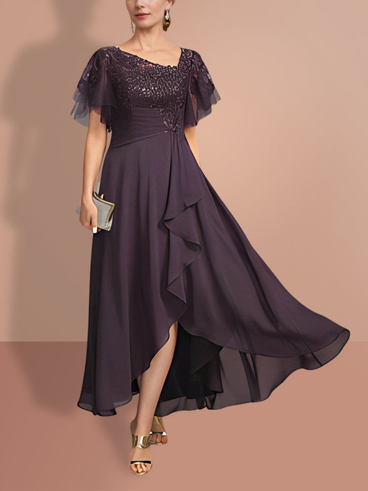 mother of the bride asymmetrical dresses Mother of the Bride Dress Wisteria A-line V-neck Chiffon Floor-Length