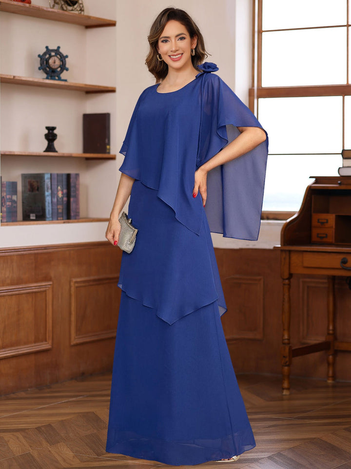 Short-Sleeve Floor-Length A-Line Princess Mother of the Bride Dress with  Ruffles and Flowers