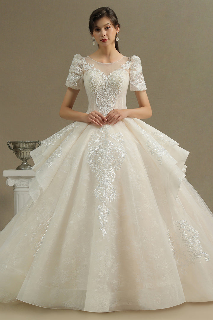 Short Sleeve Garden Bridal Dress Sweetheart Luxury Wedding Gown with S