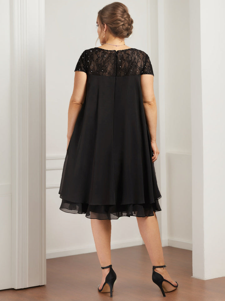 Short Sleeve Scoop Neck A-Line Princess Illusion Plus Size Mother of The Bride Knee-Length Beaded Dress with Sequins