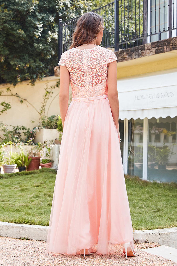Short Sleeves Scoop Lace Prom Dress Long Chiffon Online-Koscy