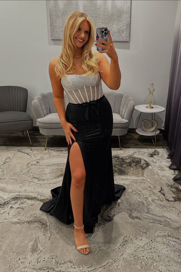 simple black mermaid dress Simple Long Black Mermaid Strapless Glitter Prom Dress with Slit
