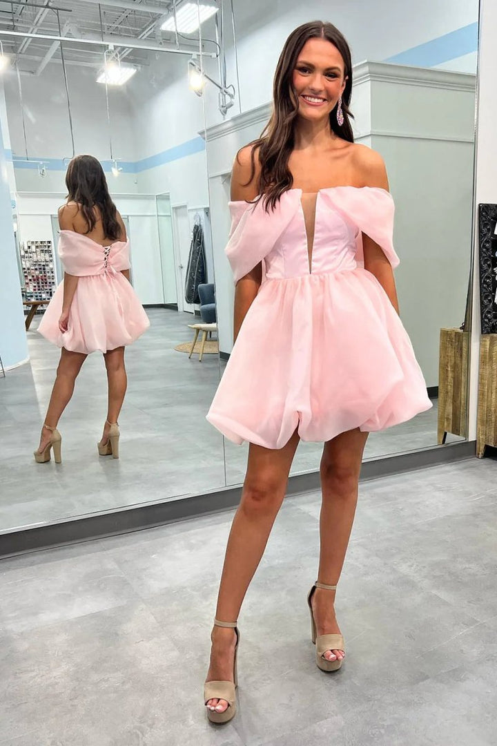 Koscy Simple Pink A-Line Off the Shoulder Short Homecoming Dress