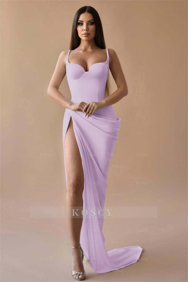Simple White Spaghetti Strap Sleeveless Pleated Long Formal Dress With Split Simple White Spaghetti Strap Sleeveless Pleated Long Formal Dress With Split
