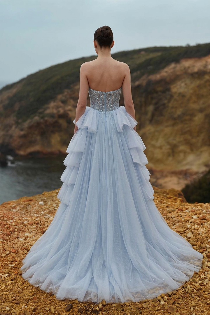 Sky Blue Ball Gown Prom Dress Strapless Sweetheart Crystal Pearl Beaded Corset Bodice Oversized Side Tulle