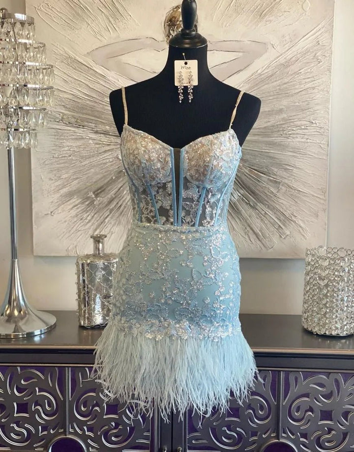 Koscy Sky Blue Corset Lace Tight Short Homecoming Dress with Feathers