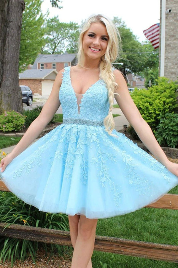 Koscy Sky Blue Lace Formal Graduation Homecoming Dress